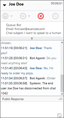 Chat console showing that the agent has sent /Order and the chat has terminated.
