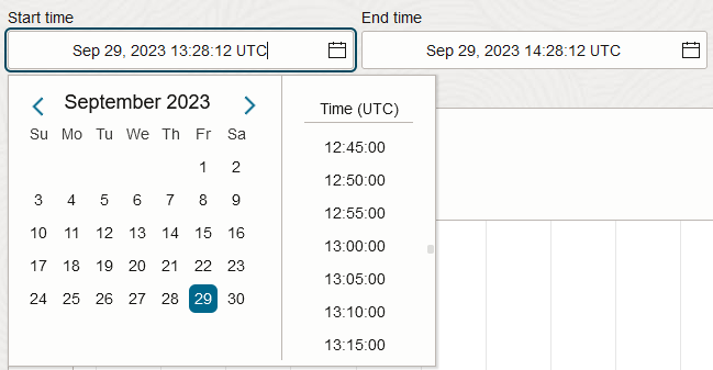 Ferramenta de calendário fornecida para horários inicial e final